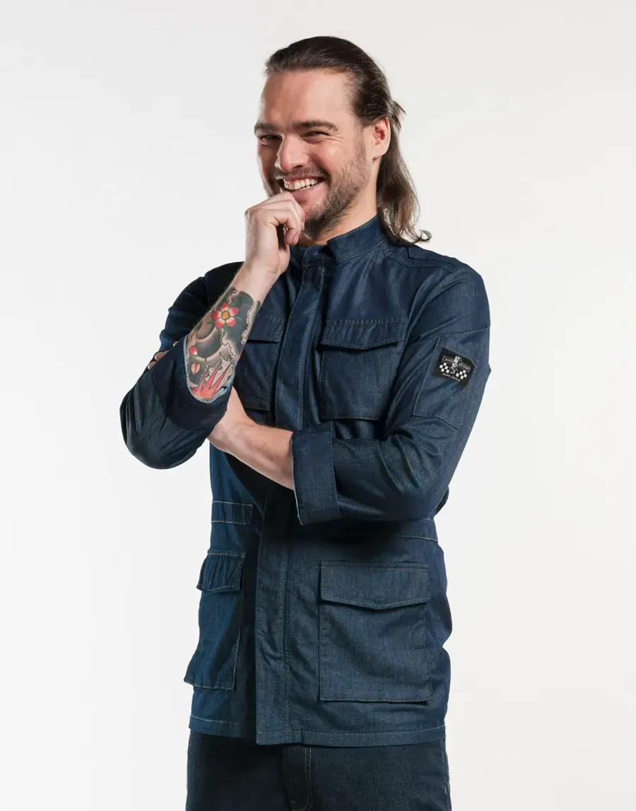 Giacca cuoco in denim con zip — Denim blu